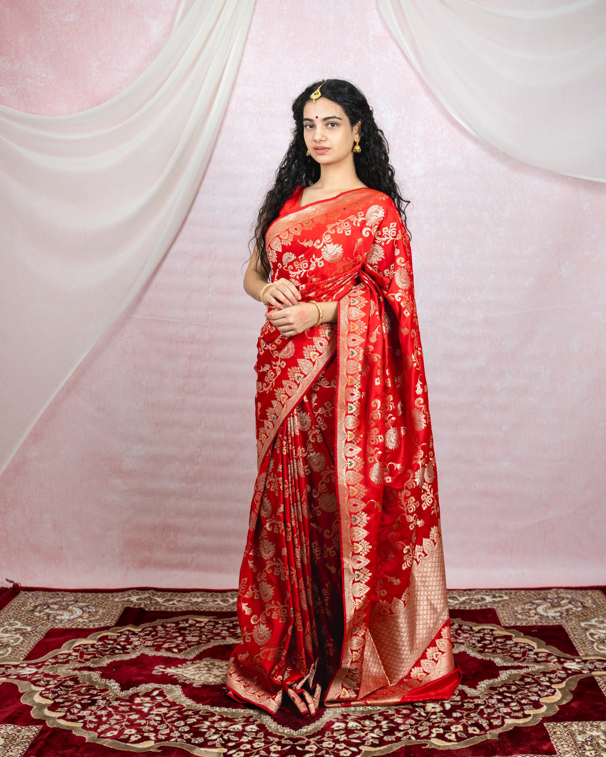 Scarlet Red Banarasi Saree with Gold Zari & Meena Work