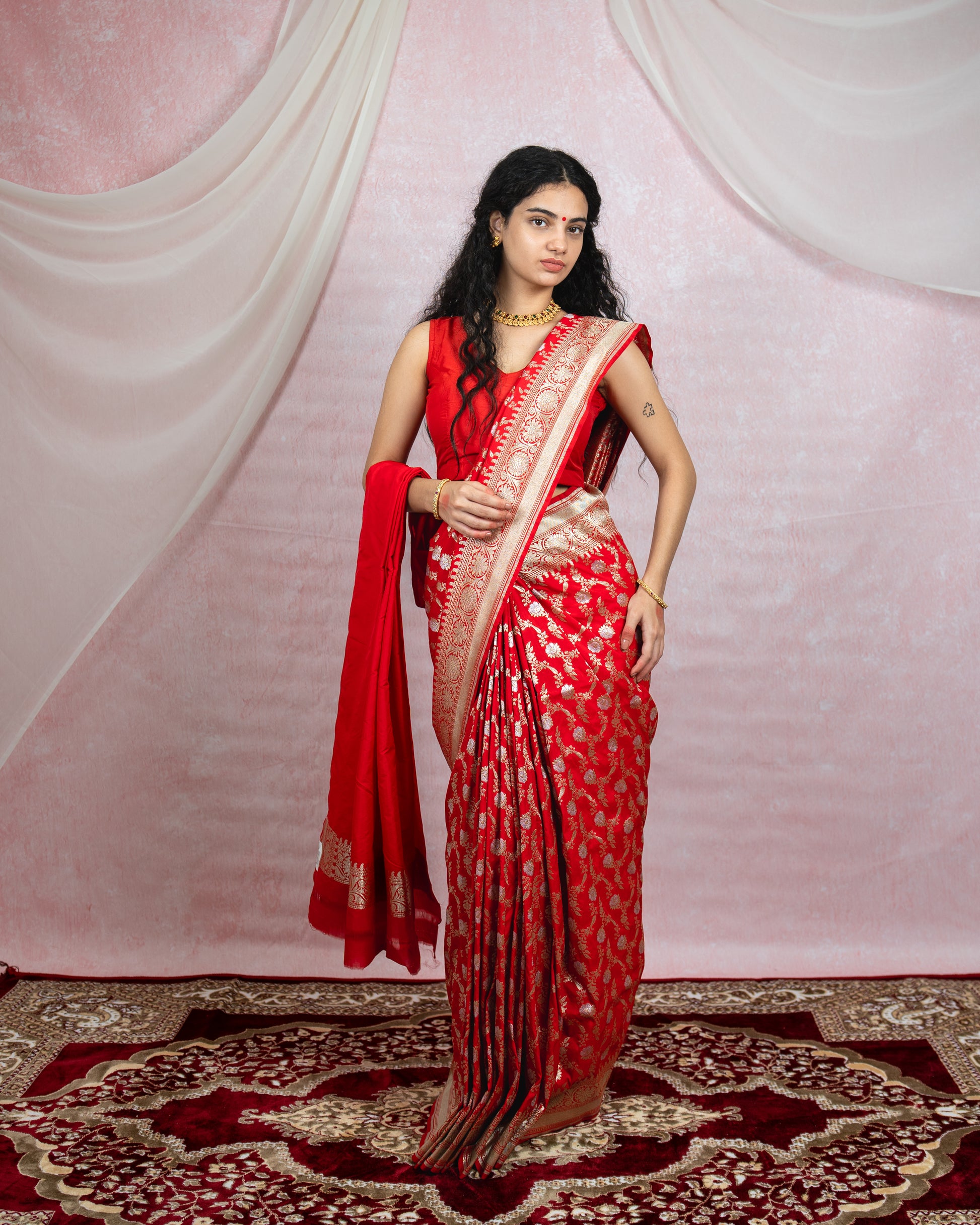 Crimson Red Banarasi Saree with silver zari