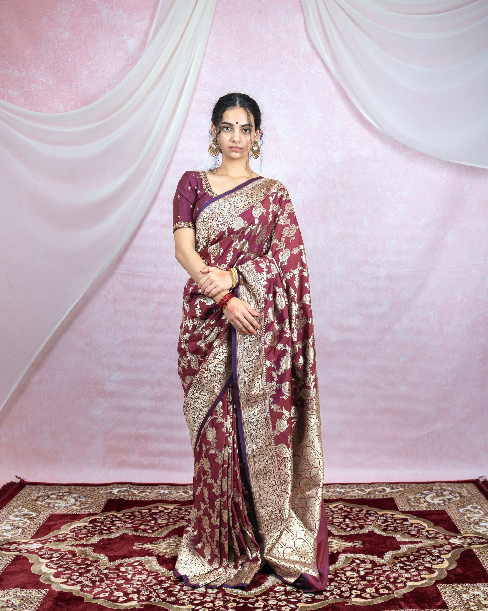 Deep Wine Banarasi Saree with Golden Zari