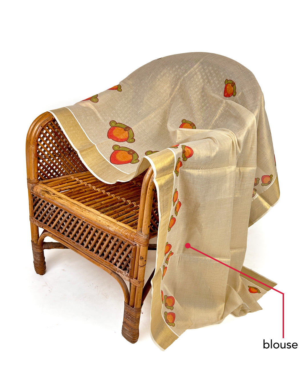 Statement Kerala Kasavu Saree with Mango Motifs & Vintage Lady Print – Quirky Kasavu Saree