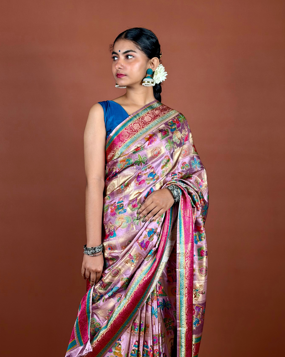 Lavender Banarasi Silk Saree with Floral Meenakari Weave and Red Pallu