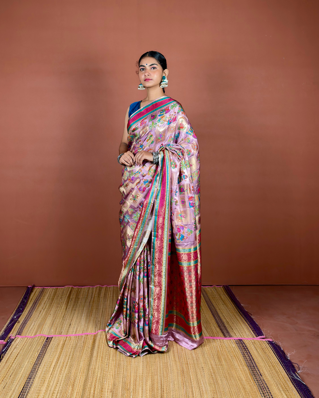 Lavender Banarasi Silk Saree with Floral Meenakari Weave and Red Pallu