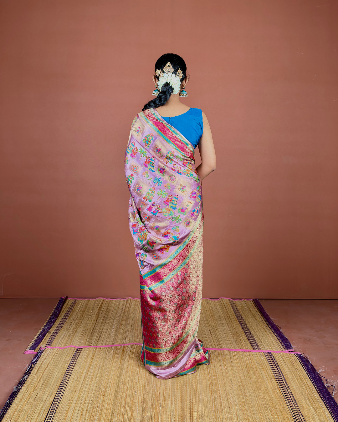 Lavender Banarasi Silk Saree with Floral Meenakari Weave and Red Pallu