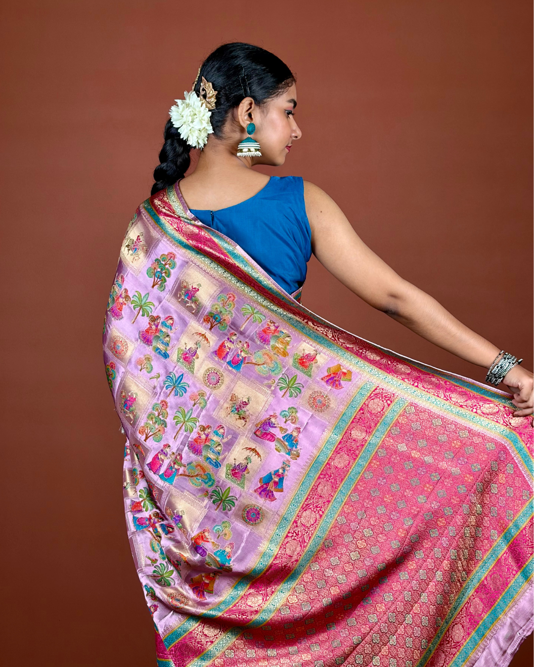 Lavender Banarasi Silk Saree with Floral Meenakari Weave and Red Pallu