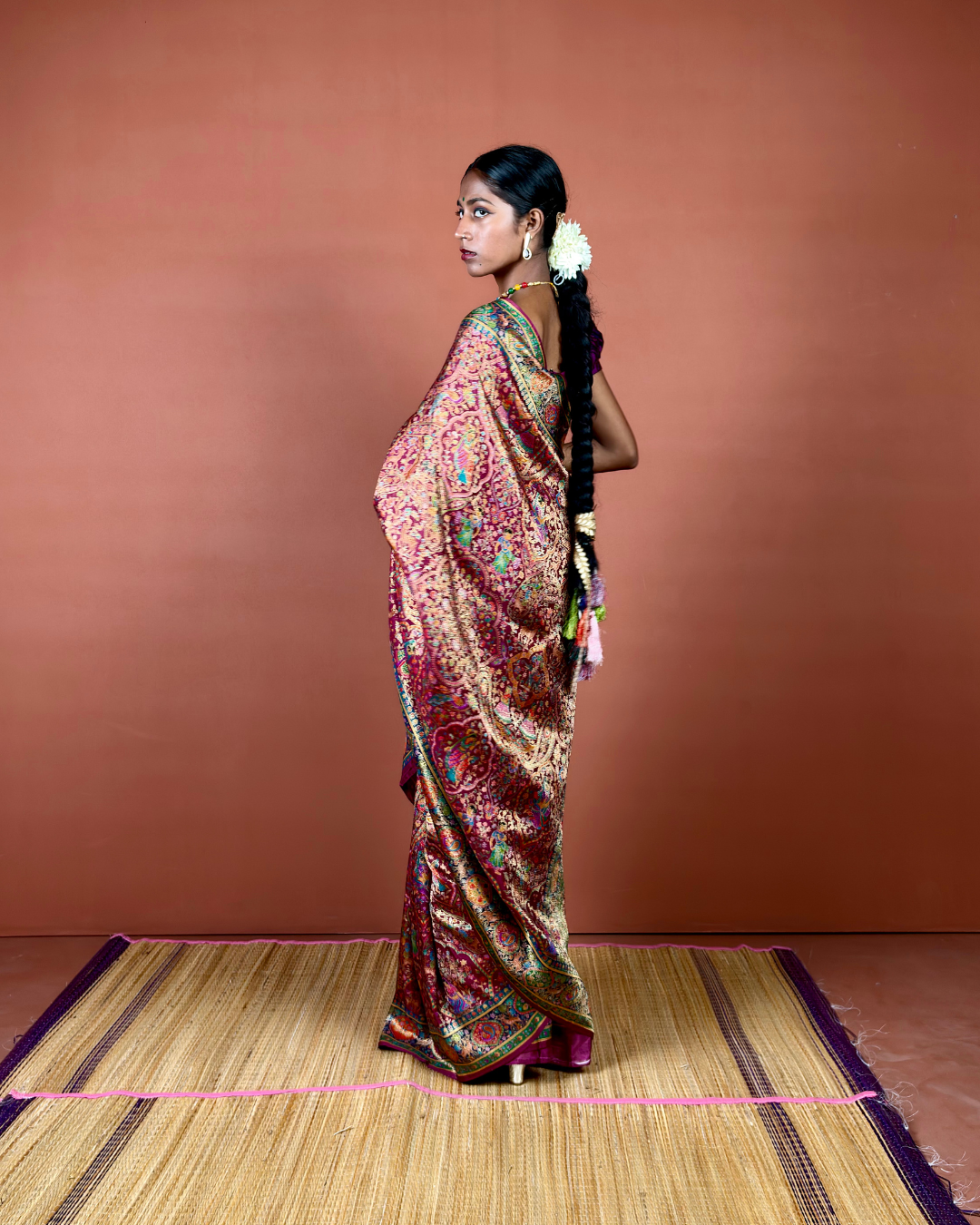 Maroon Banarasi Silk Saree with Gold Zari Jaal and Emerald Border