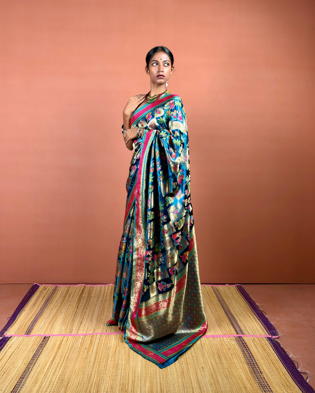 Royal Blue Banarasi Silk Saree with Meenakari Zari and Crimson Border