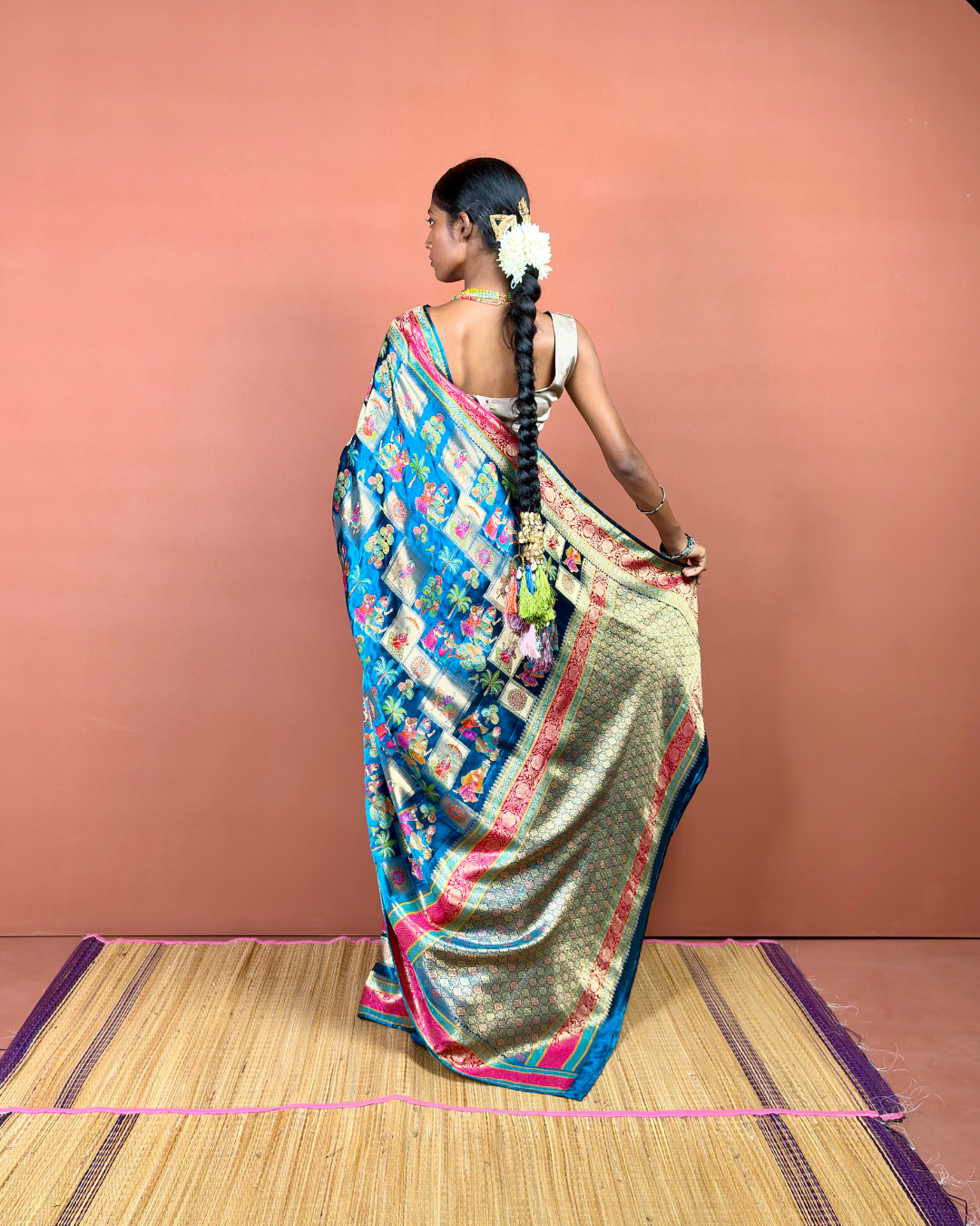 Royal Blue Banarasi Silk Saree with Meenakari Zari and Crimson Border