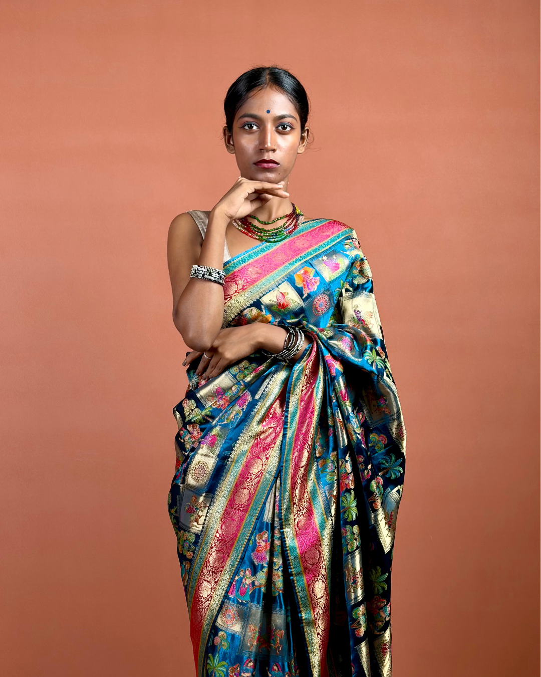 Royal Blue Banarasi Silk Saree with Meenakari Zari and Crimson Border