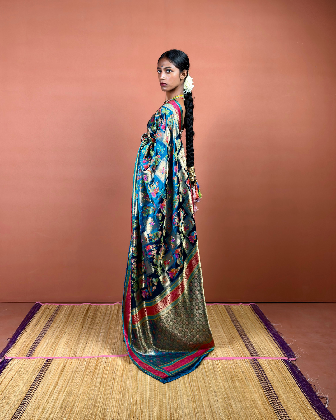 Royal Blue Banarasi Silk Saree with Meenakari Zari and Crimson Border