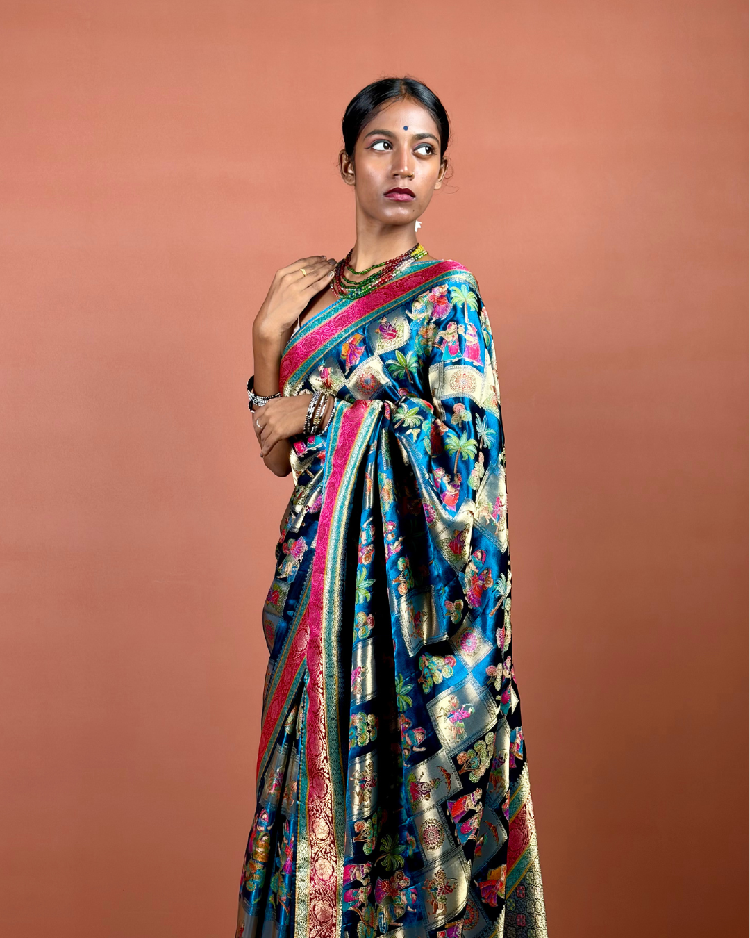 Royal Blue Banarasi Silk Saree with Meenakari Zari and Crimson Border