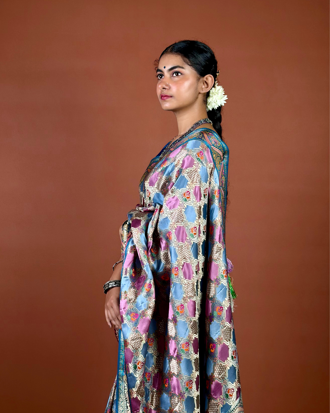 Sky Blue Banarasi Silk Saree with Geometric Jaal and Turquoise Zari Border