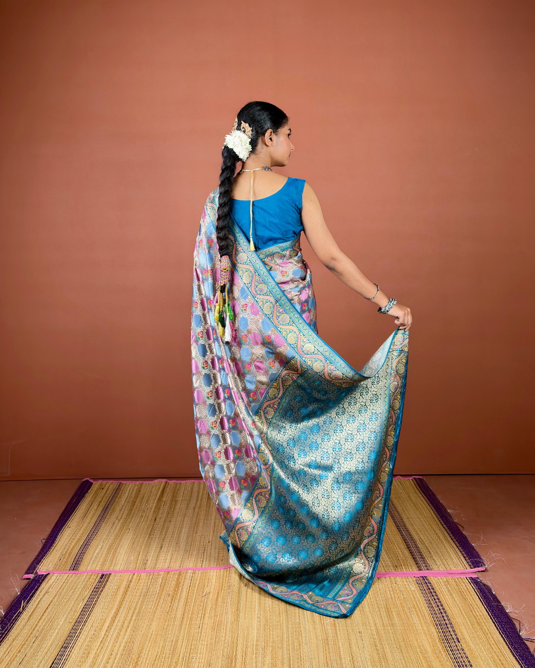 Sky Blue Banarasi Silk Saree with Geometric Jaal and Turquoise Zari Border