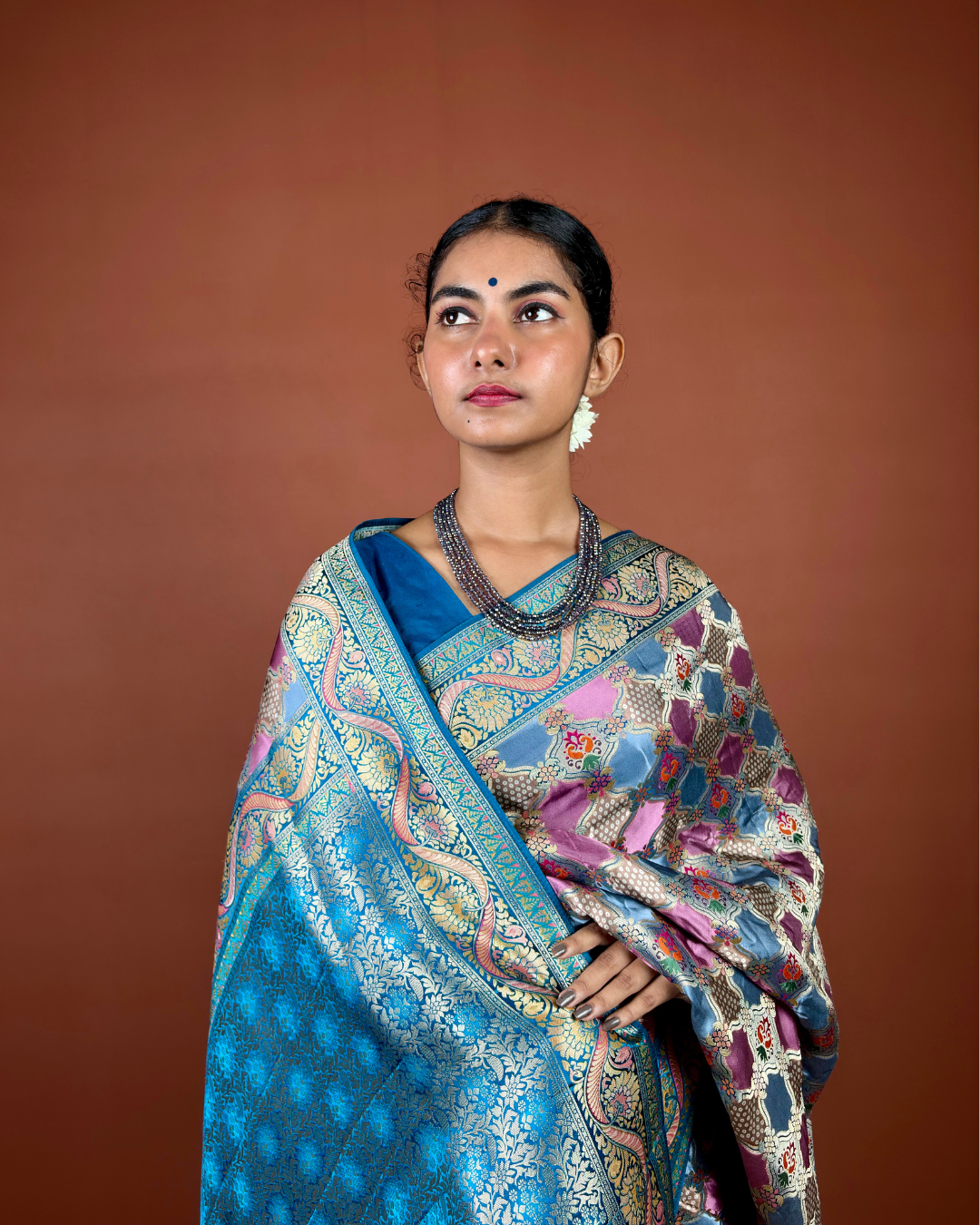 Sky Blue Banarasi Silk Saree with Geometric Jaal and Turquoise Zari Border