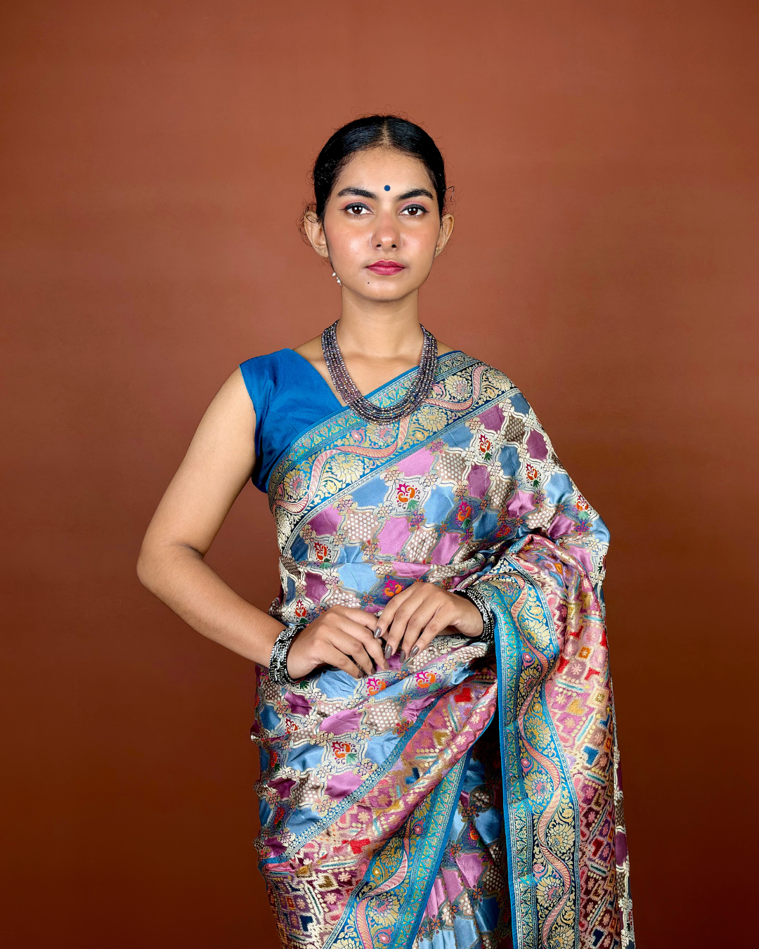 Sky Blue Banarasi Silk Saree with Geometric Jaal and Turquoise Zari Border