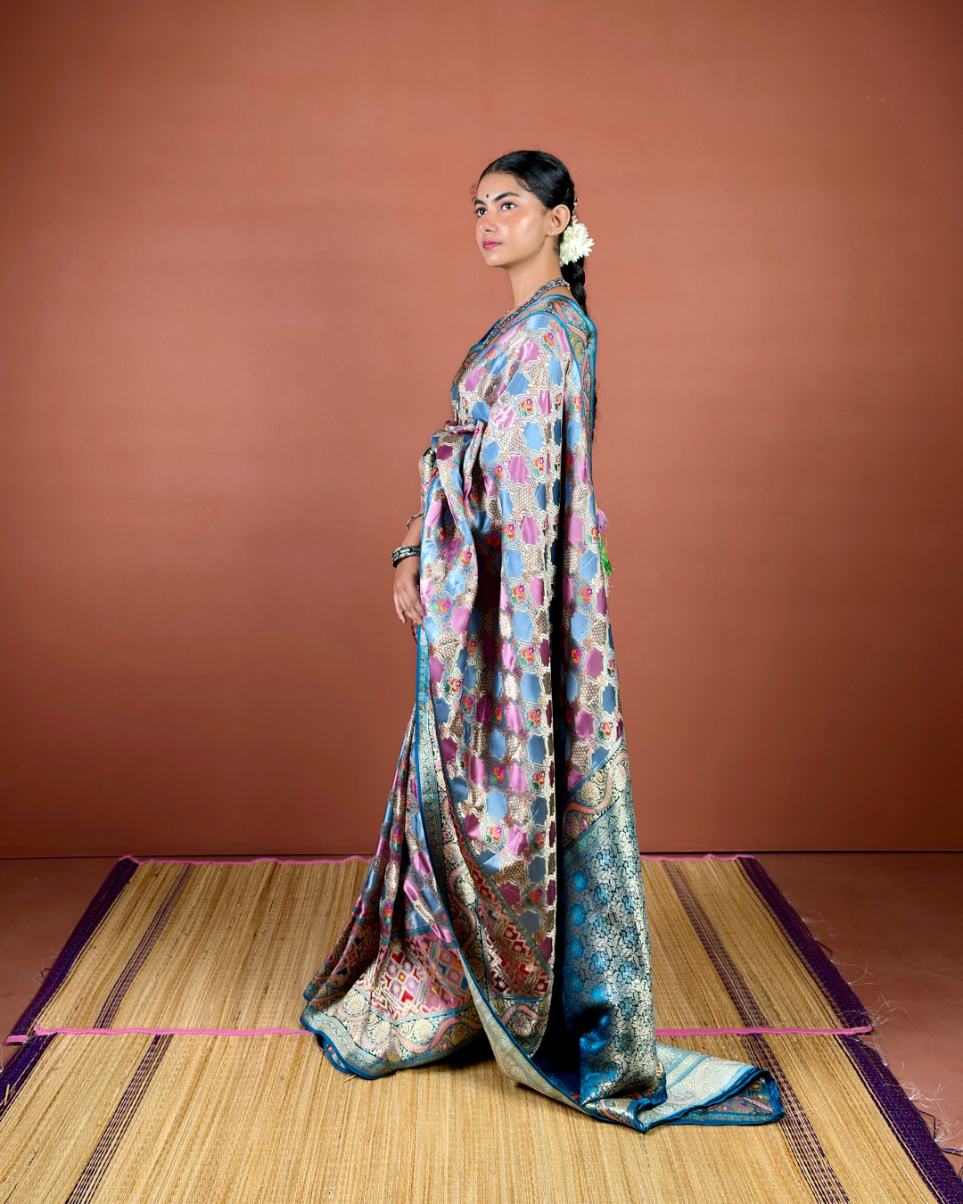 Sky Blue Banarasi Silk Saree with Geometric Jaal and Turquoise Zari Border