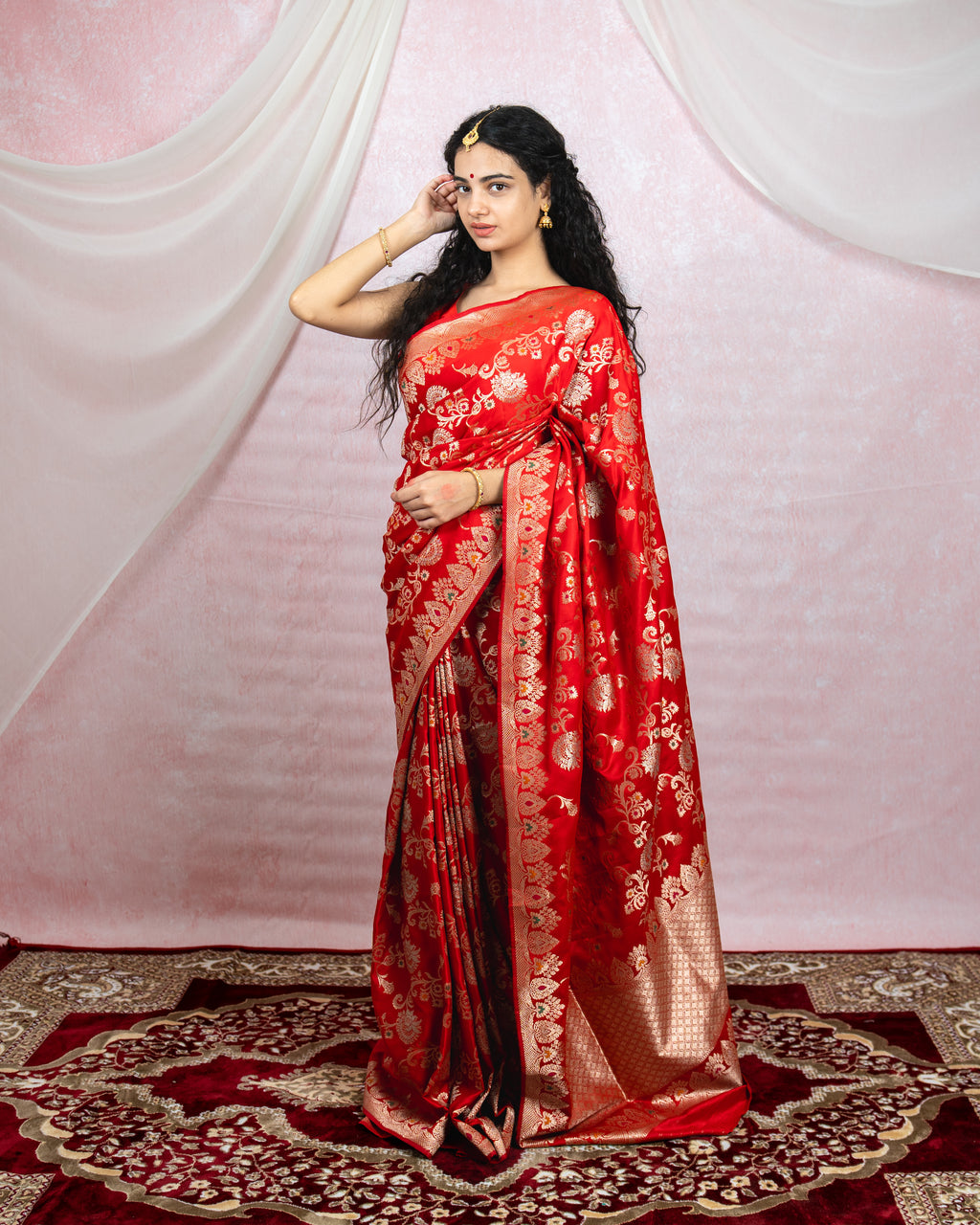 Scarlet Red Banarasi Saree with Gold Zari & Meena Work