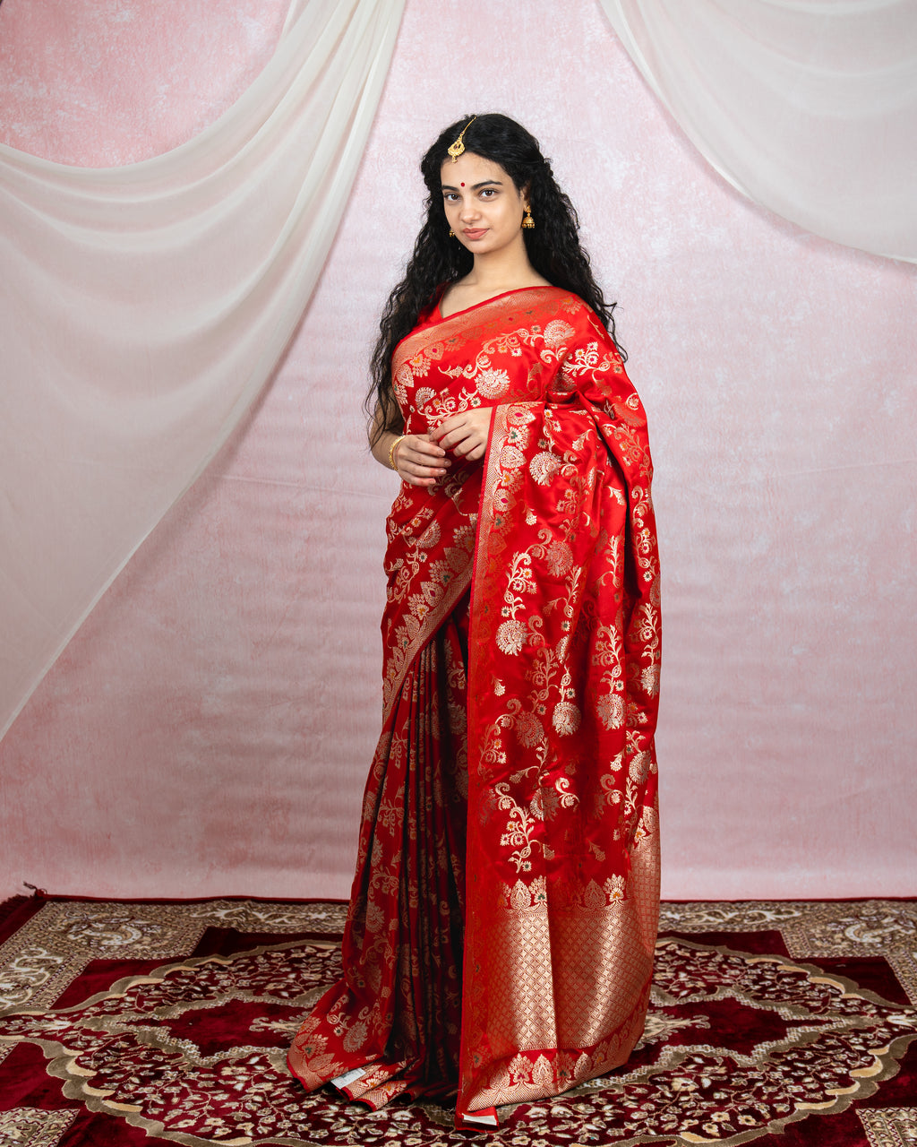 Scarlet Red Banarasi Saree with Gold Zari & Meena Work