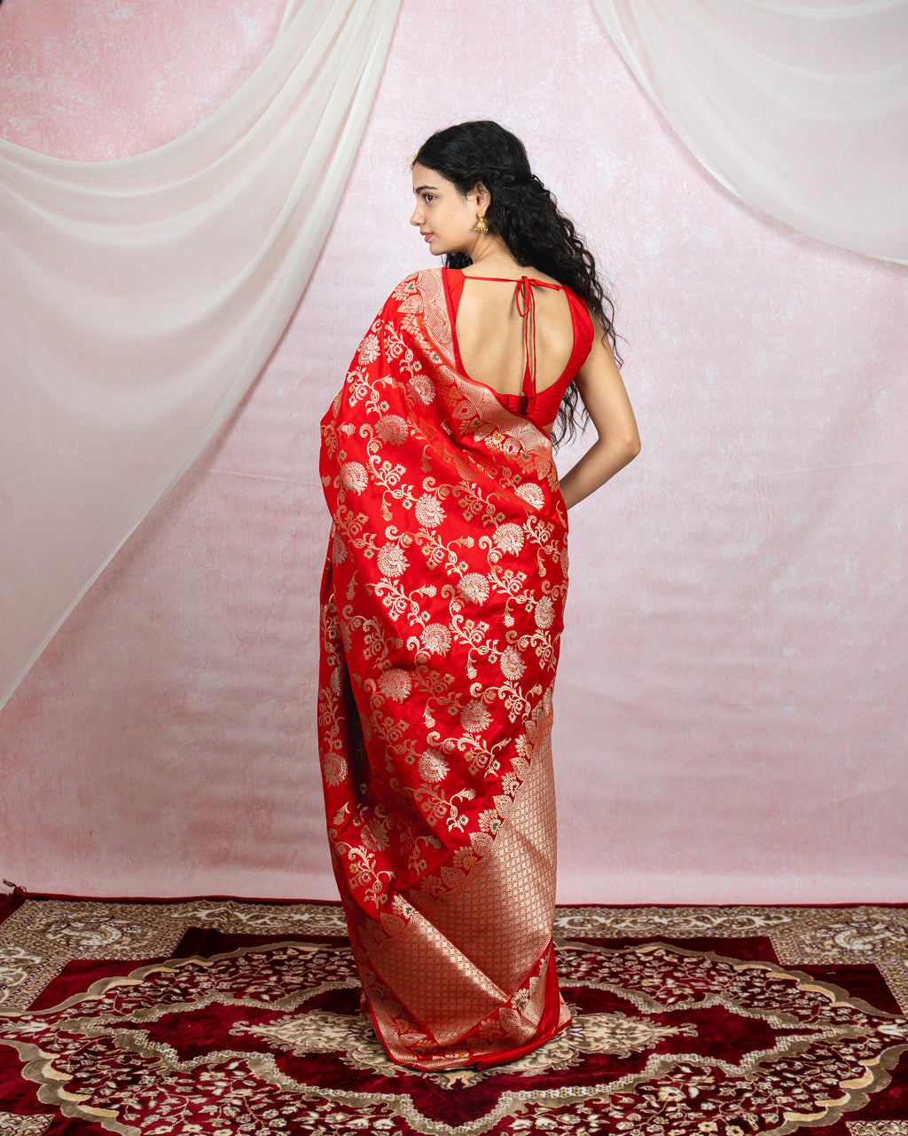 Scarlet Red Banarasi Saree with Gold Zari & Meena Work