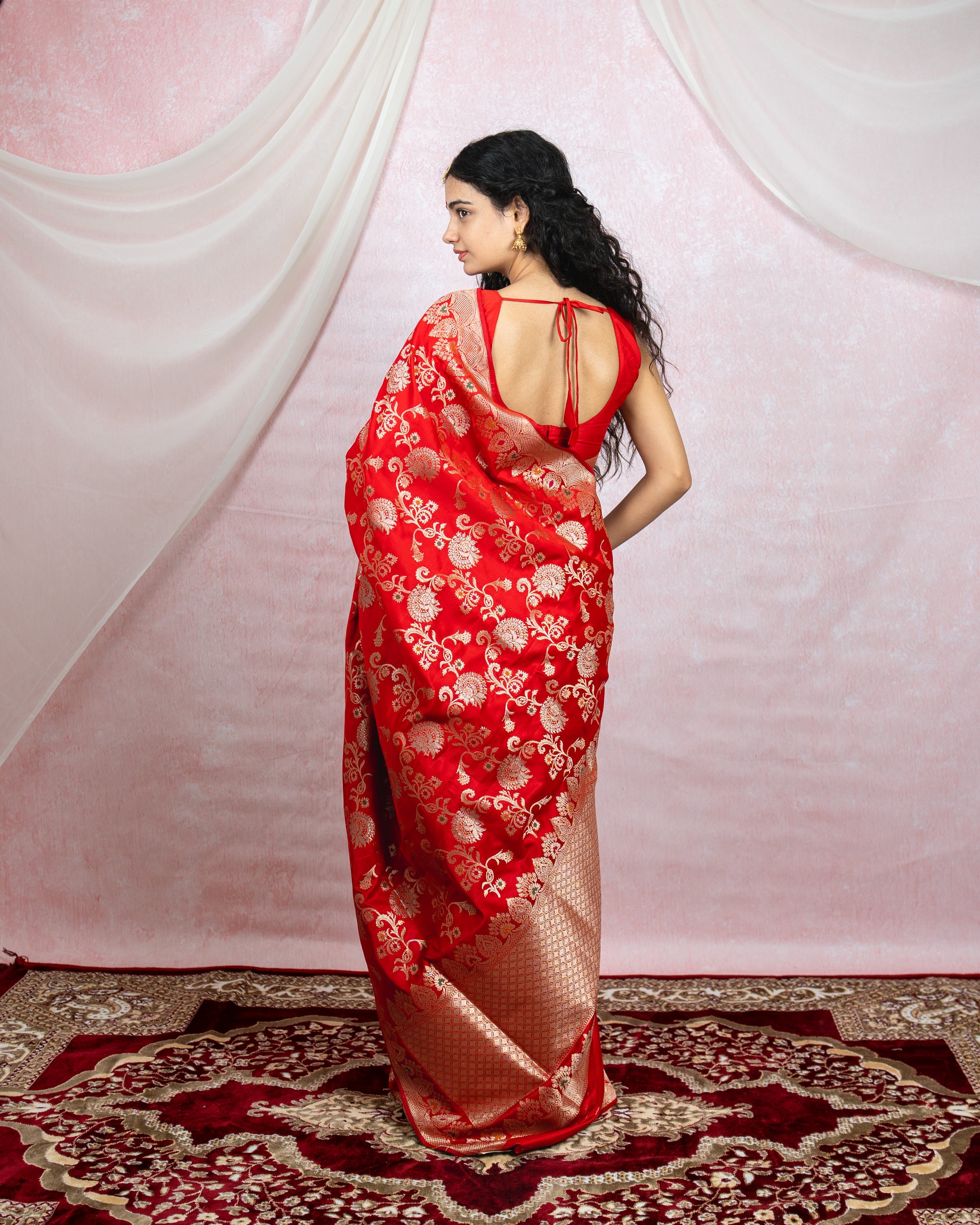 Scarlet Red Banarasi Saree with Gold Zari & Meena Work