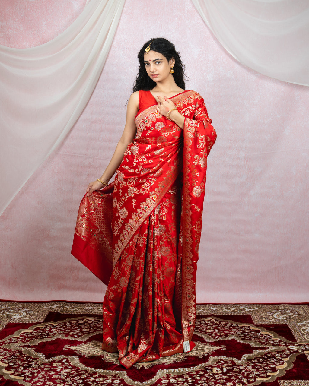 Scarlet Red Banarasi Saree with Gold Zari & Meena Work