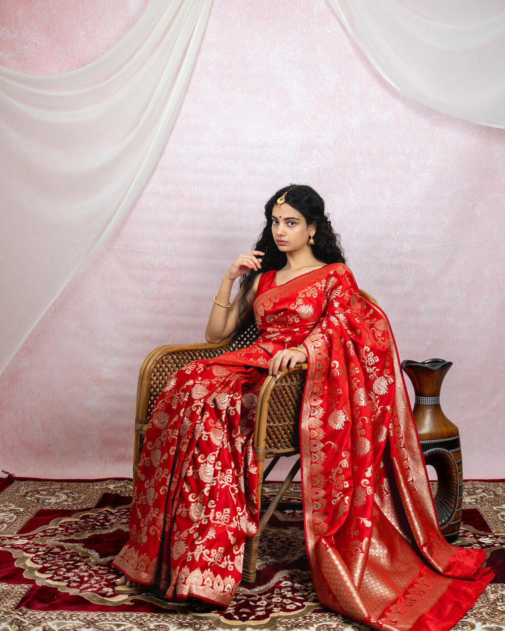Scarlet Red Banarasi Saree with Gold Zari & Meena Work