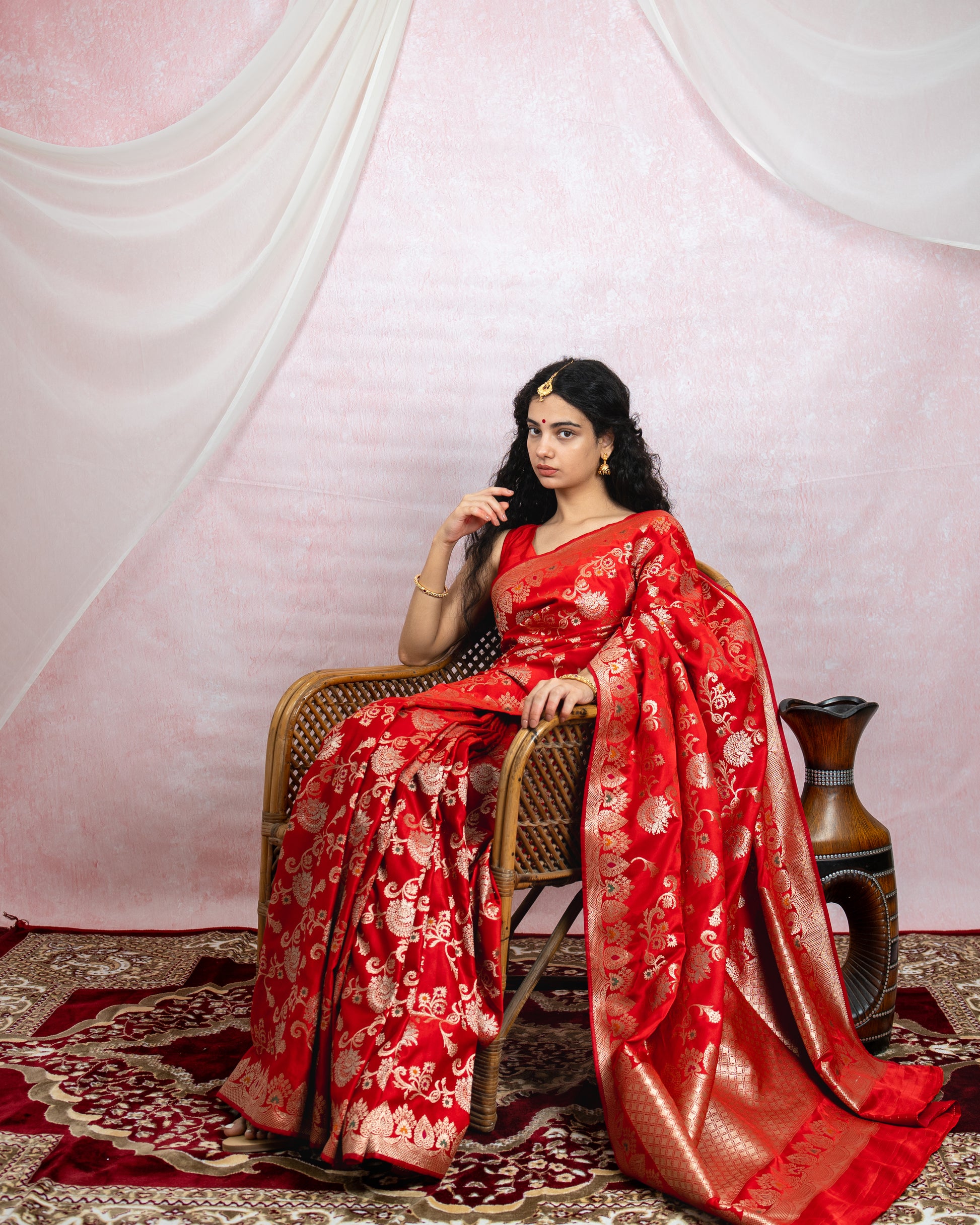 Scarlet Red Banarasi Saree with Gold Zari & Meena Work