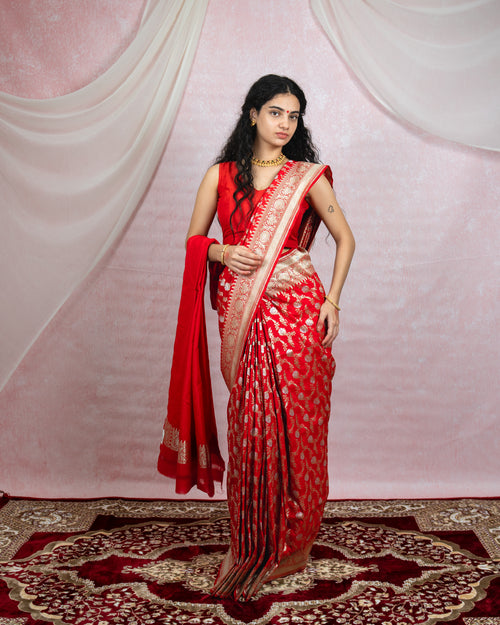Crimson Red Banarasi Saree with silver zari