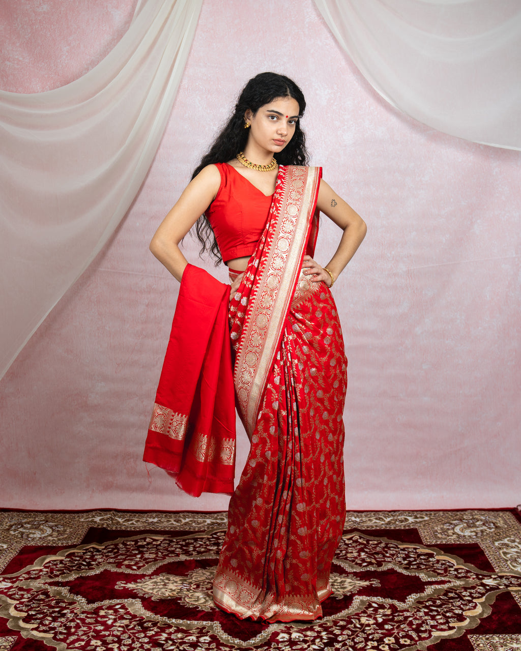 Crimson Red Banarasi Saree with silver zari