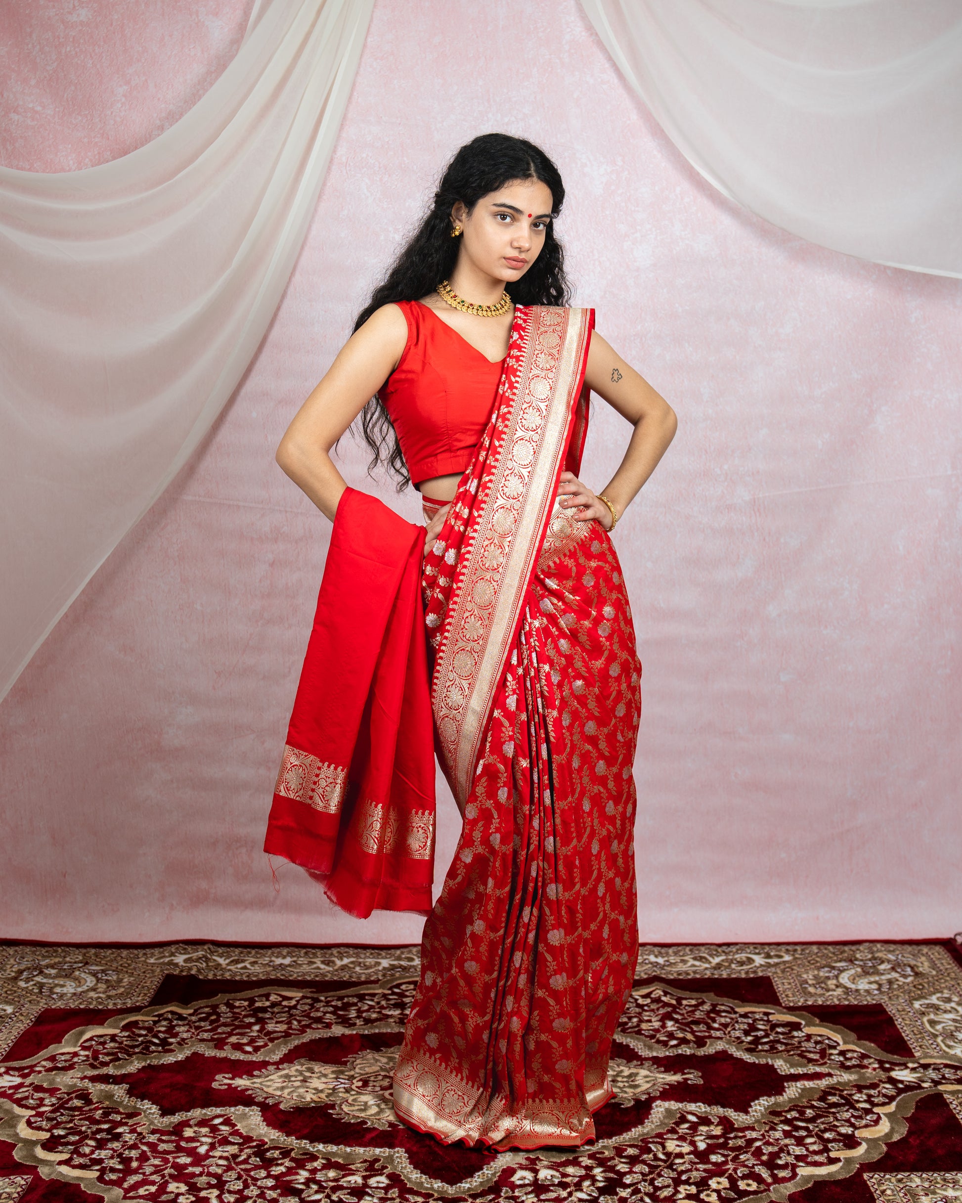 Crimson Red Banarasi Saree with silver zari