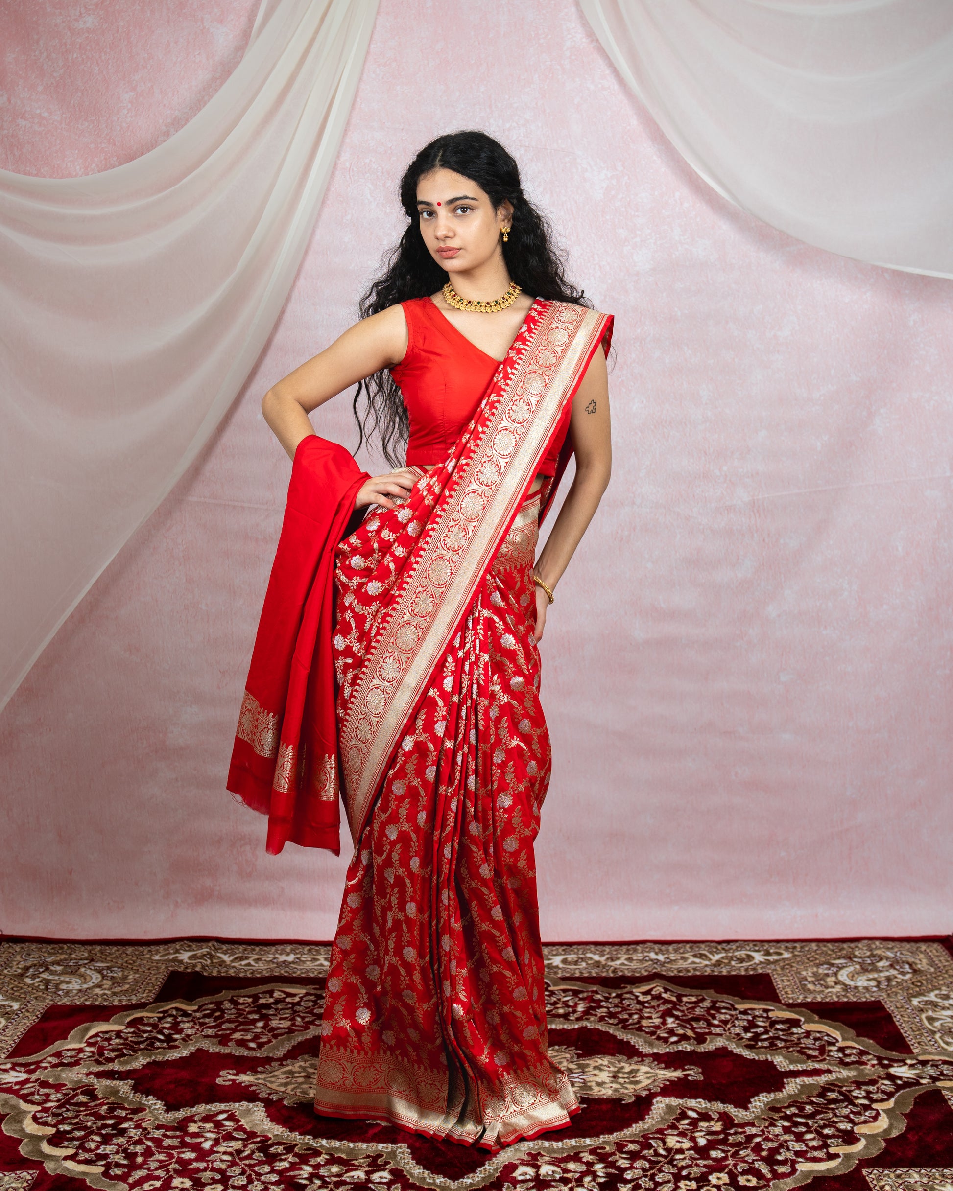 Crimson Red Banarasi Saree with silver zari