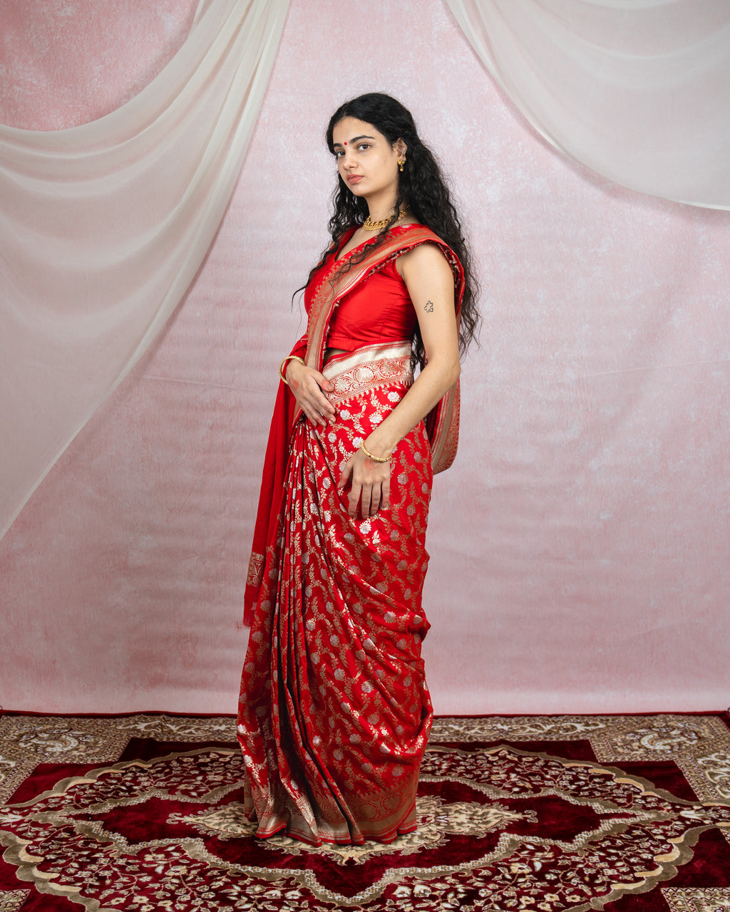 Crimson Red Banarasi Saree with silver zari