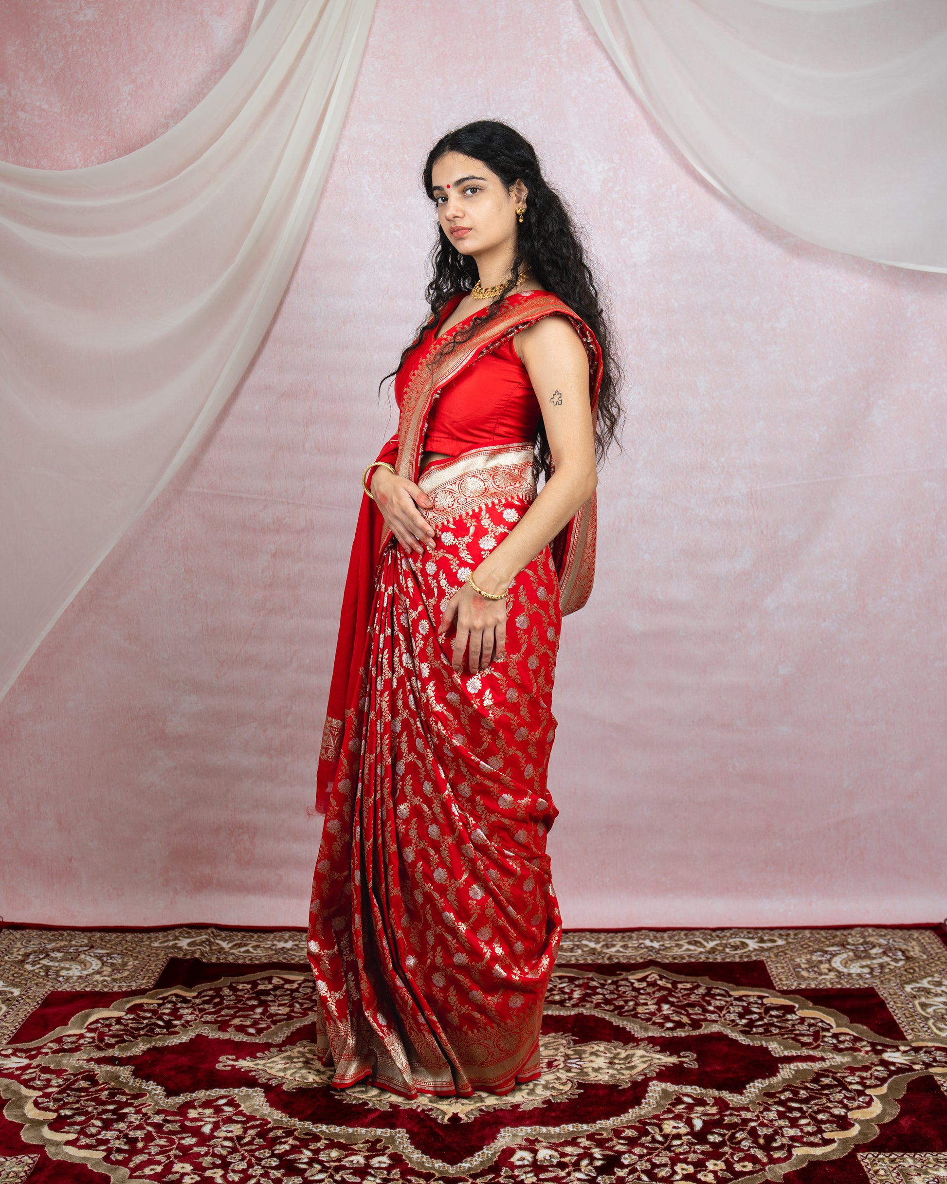 Crimson Red Banarasi Saree with silver zari