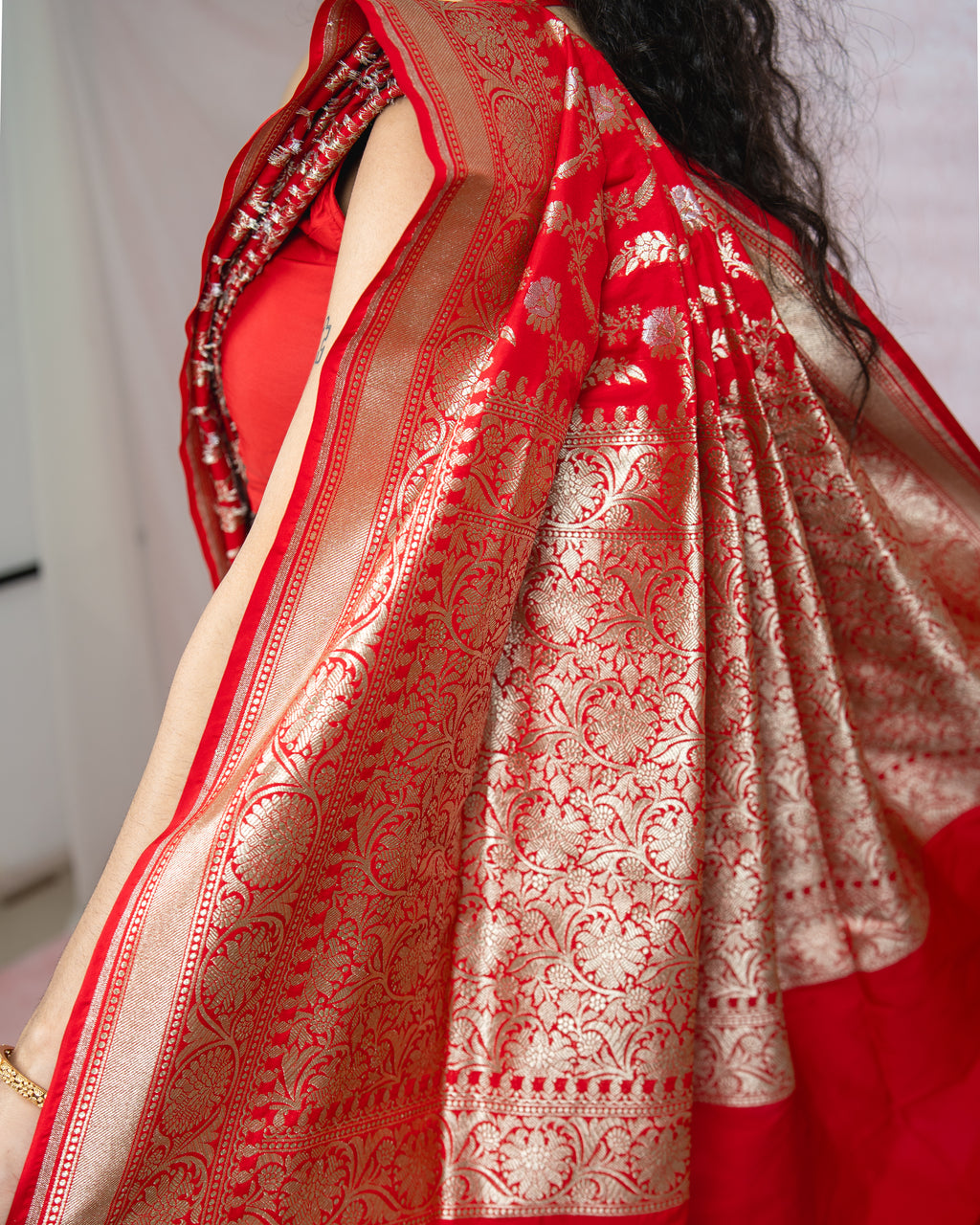 Crimson Red Banarasi Saree with silver zari