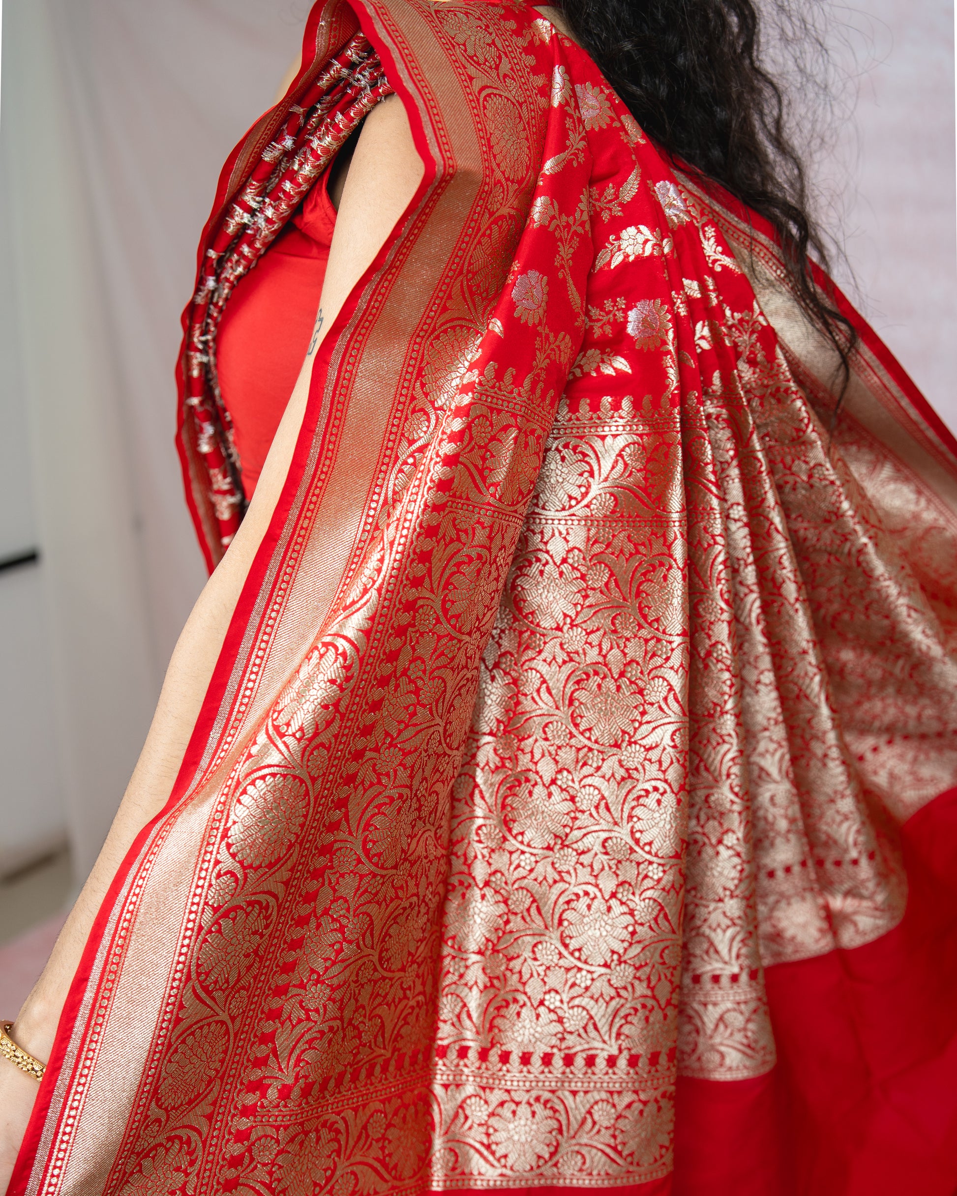 Crimson Red Banarasi Saree with silver zari