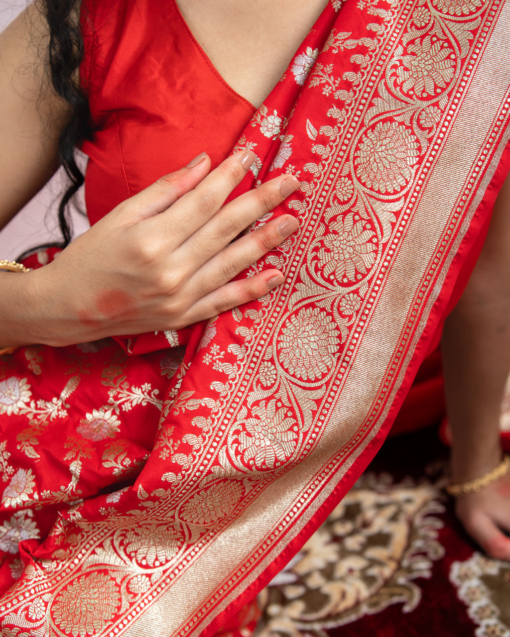 Crimson Red Banarasi Saree with silver zari
