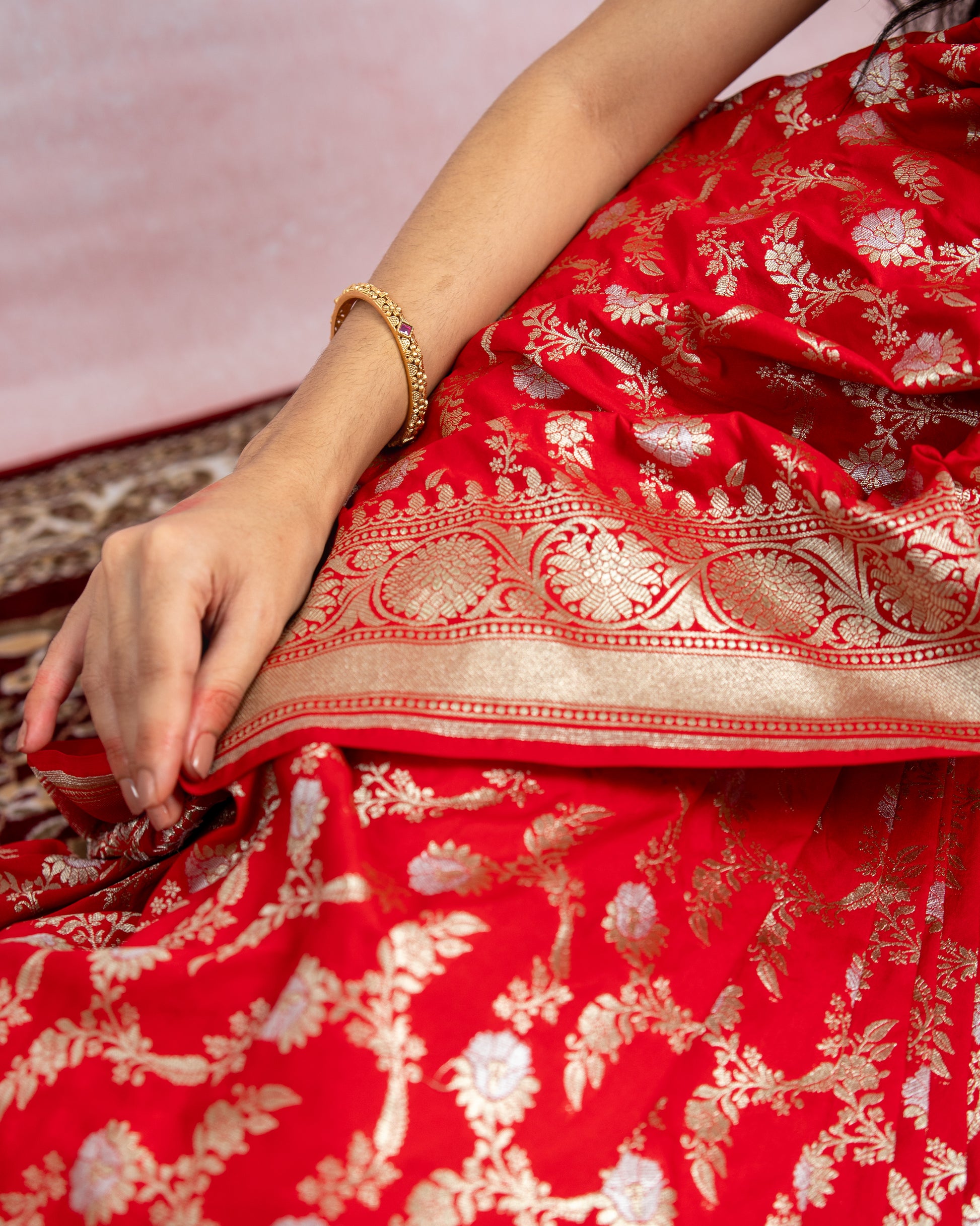 Crimson Red Banarasi Saree with silver zari
