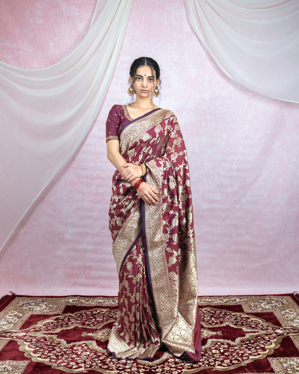 Deep Wine Banarasi Saree with Golden Zari