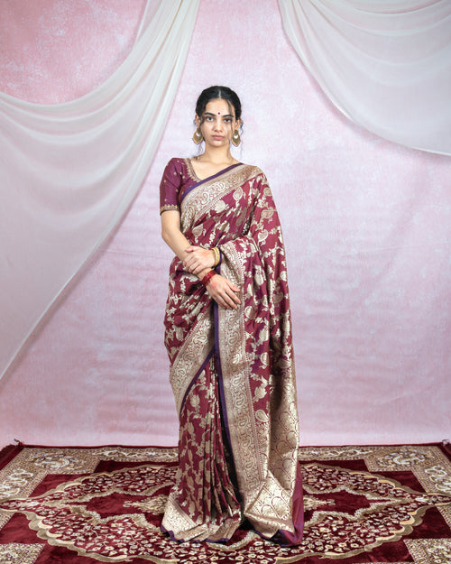Deep Wine Banarasi Saree with Golden Zari