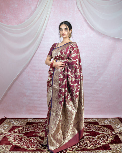 Deep Wine Banarasi Saree with Golden Zari
