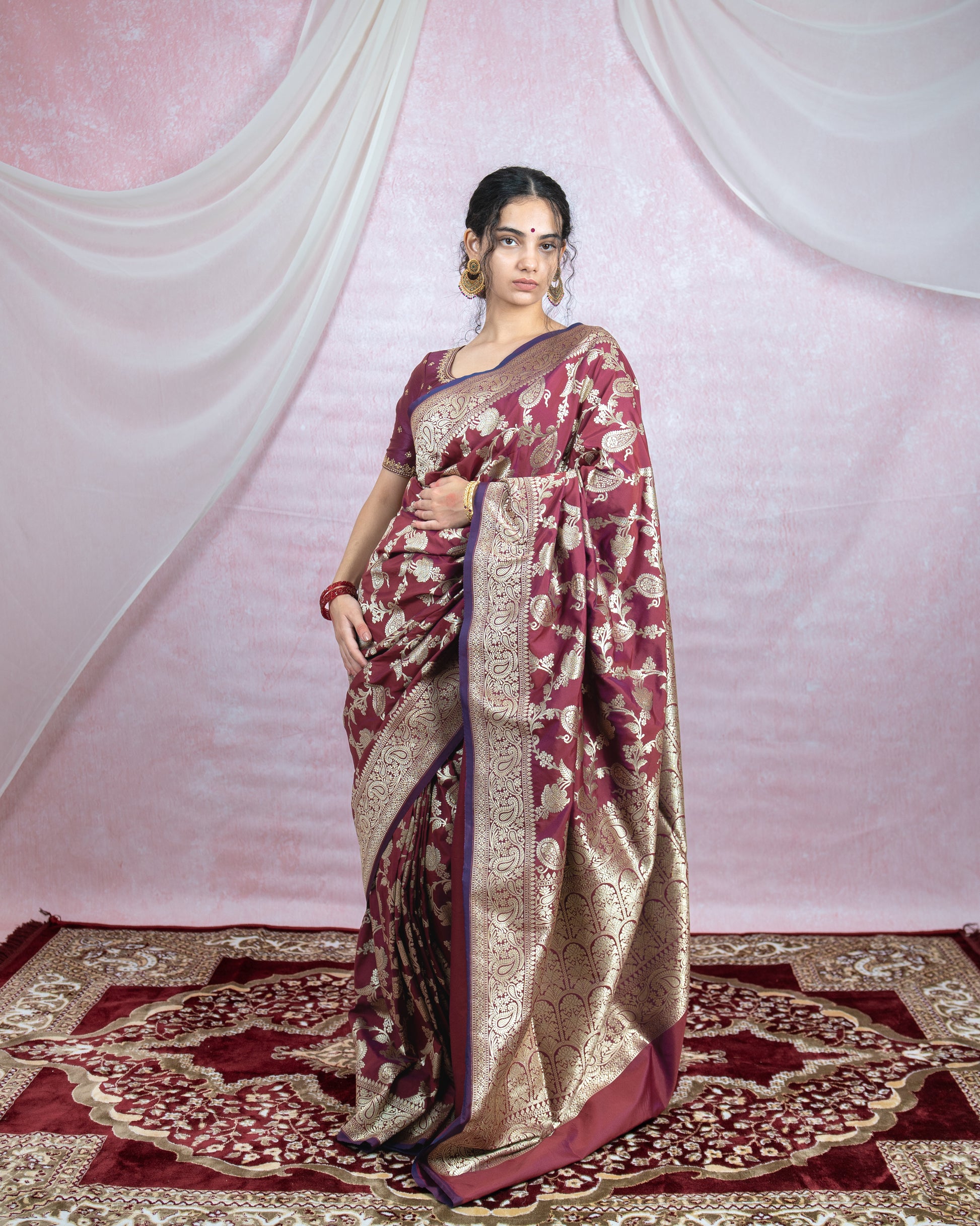 Deep Wine Banarasi Saree with Golden Zari
