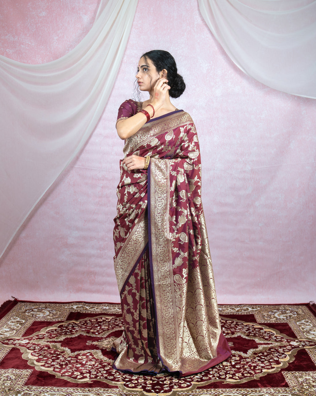 Deep Wine Banarasi Saree with Golden Zari