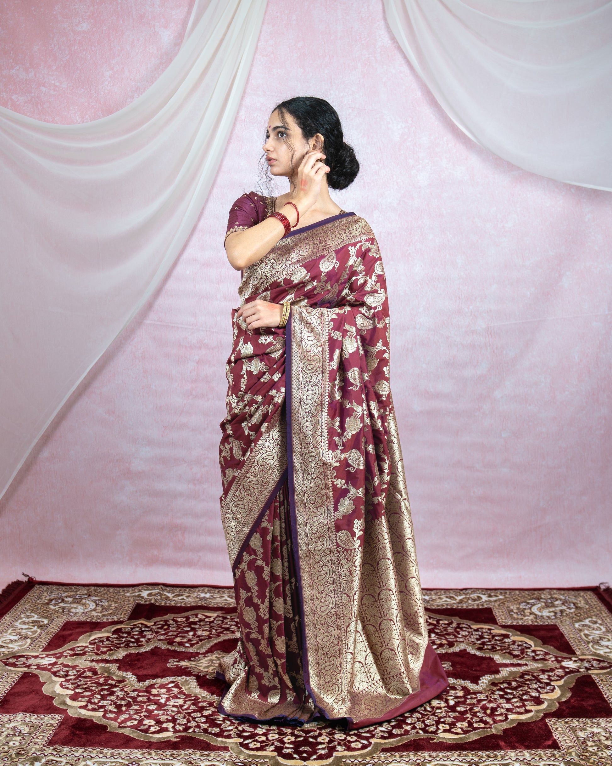 Deep Wine Banarasi Saree with Golden Zari
