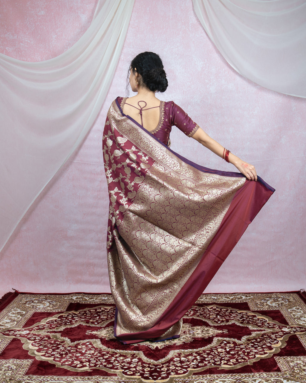 Deep Wine Banarasi Saree with Golden Zari