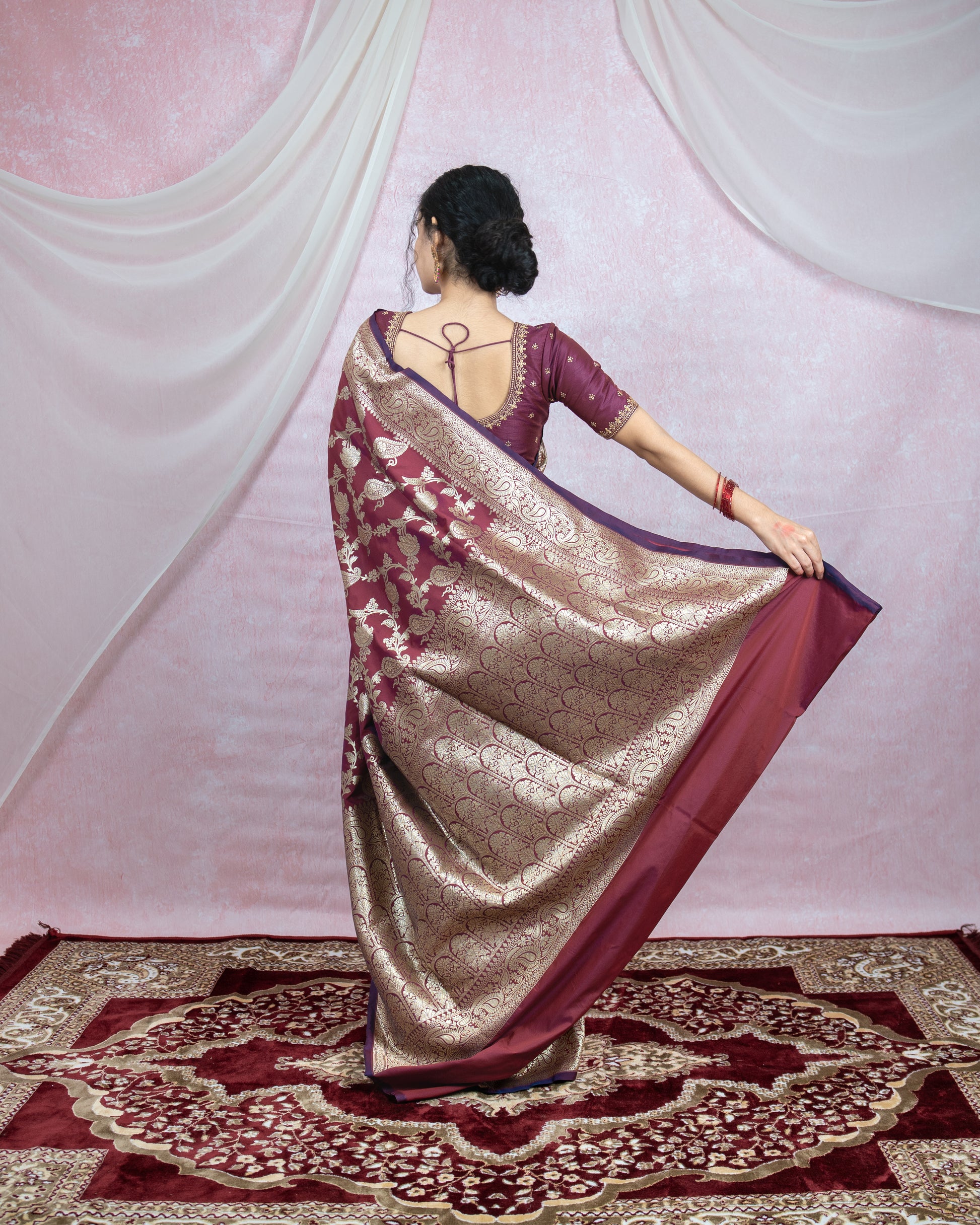 Deep Wine Banarasi Saree with Golden Zari