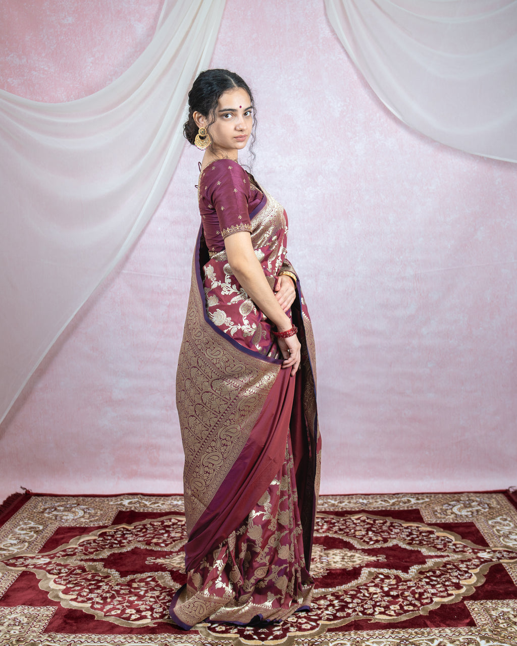Deep Wine Banarasi Saree with Golden Zari