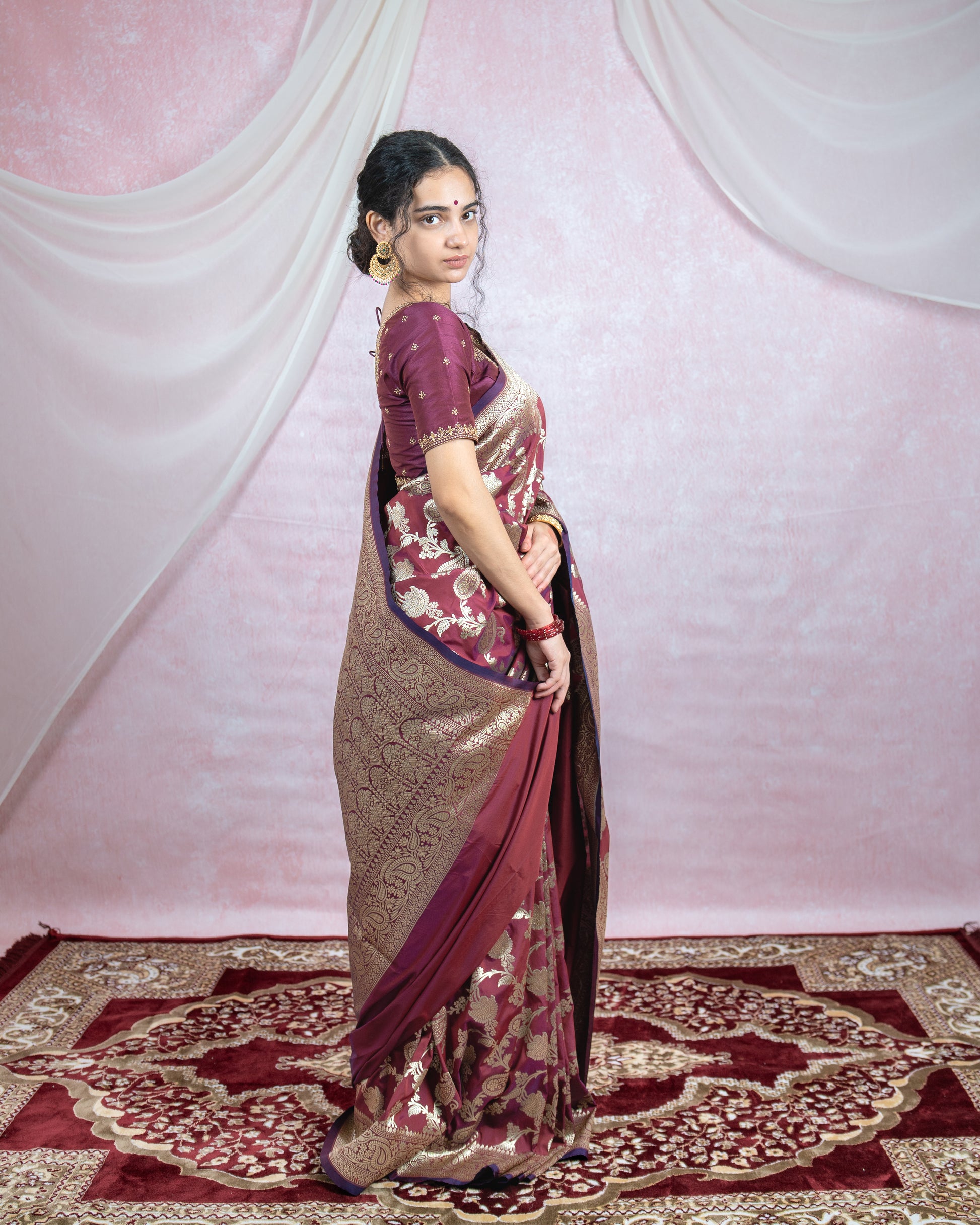 Deep Wine Banarasi Saree with Golden Zari