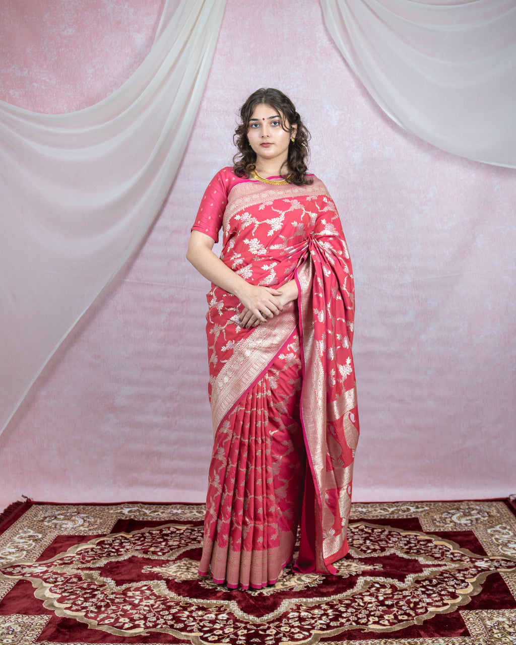 Pink Banarasi Saree with silver Zari Weave