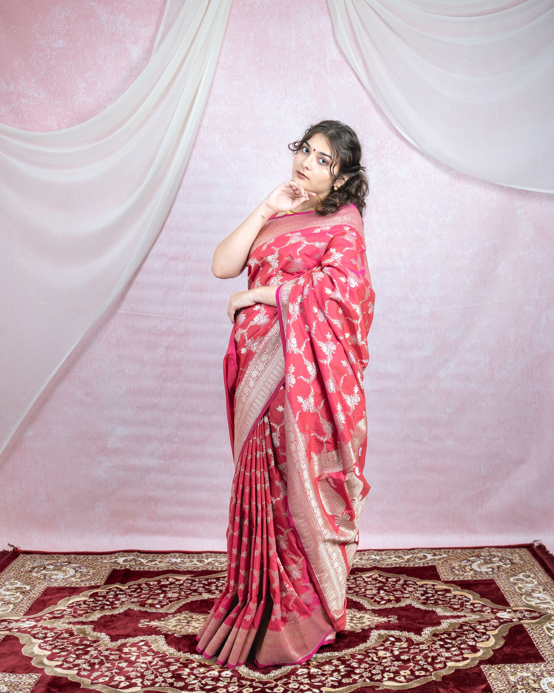 Pink Banarasi Saree with silver Zari Weave