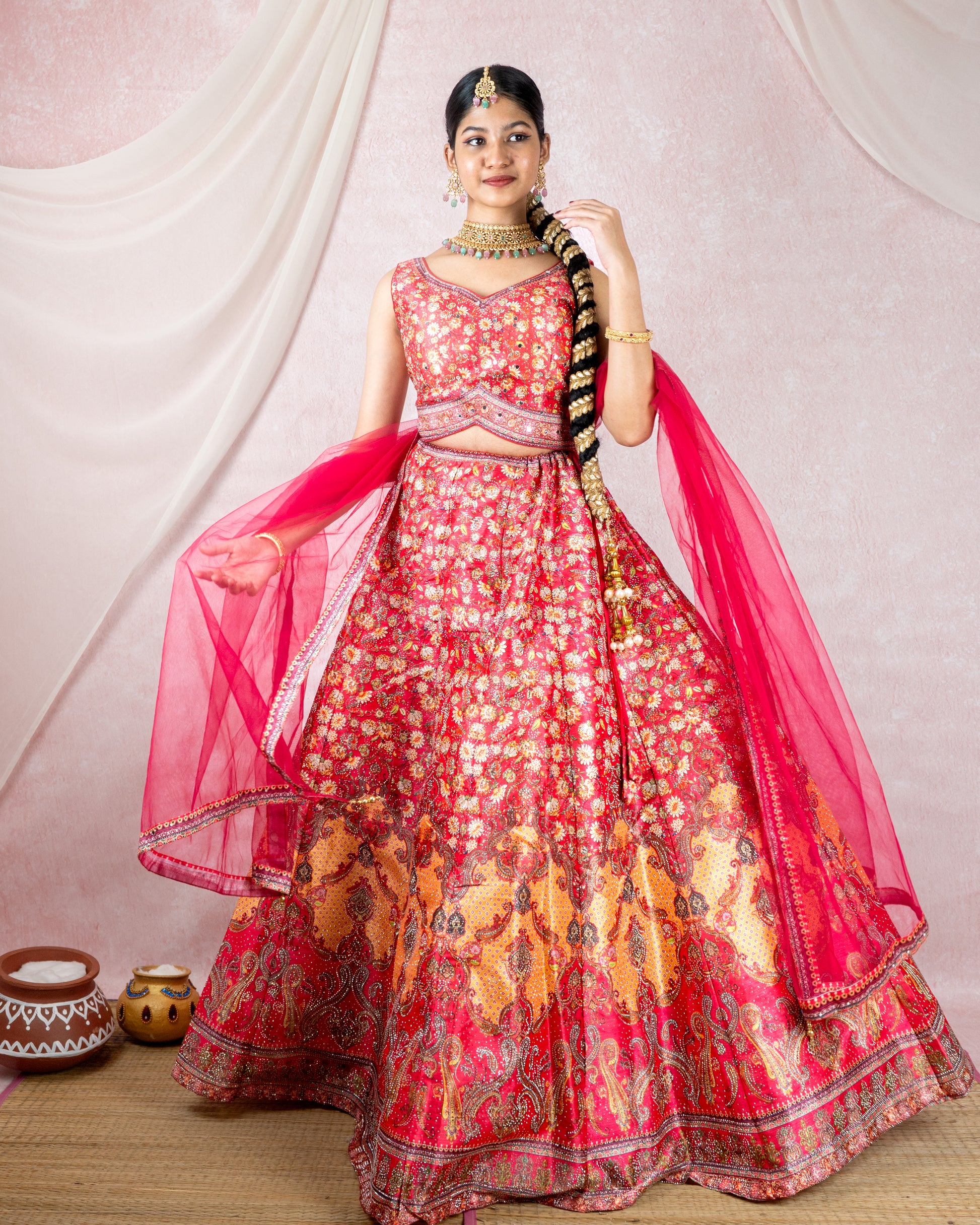 Radiant Red Floral Sequin Lehenga