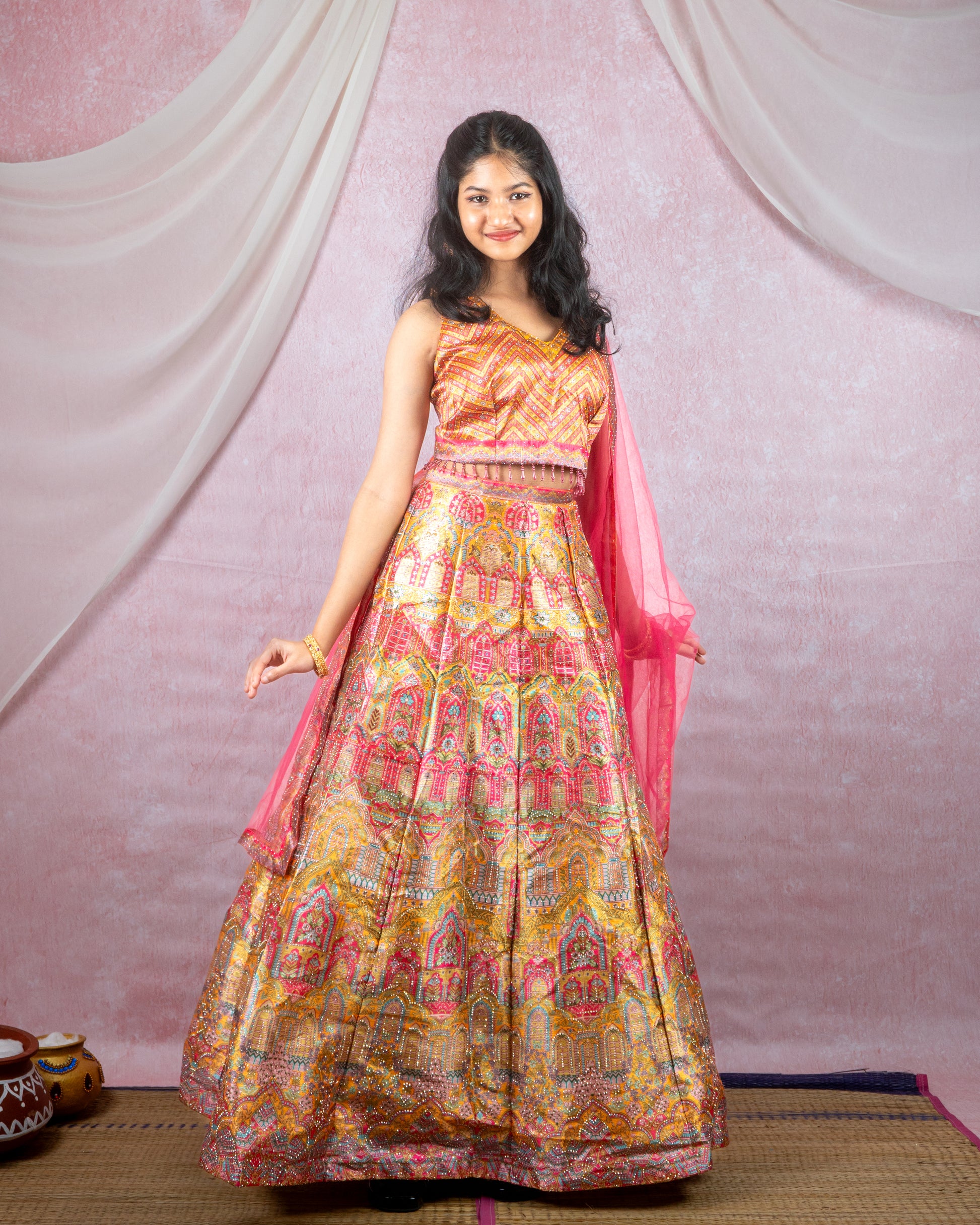 Festive Pink Palace Print Lehenga
